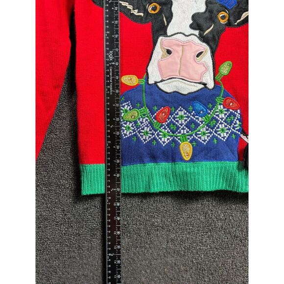 Holiday Time Sweater Mens Small Red Christmas Cow Light Up LED Ugly Novelty - Picture 7 of 7